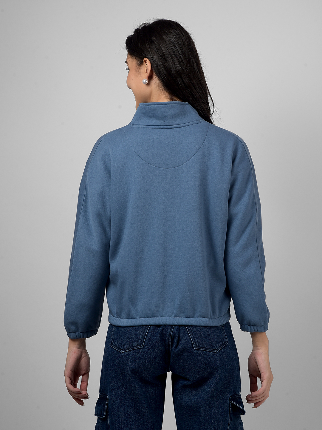 Numero Uno Women Pigeon Blue Mock Neck Sweatshirts